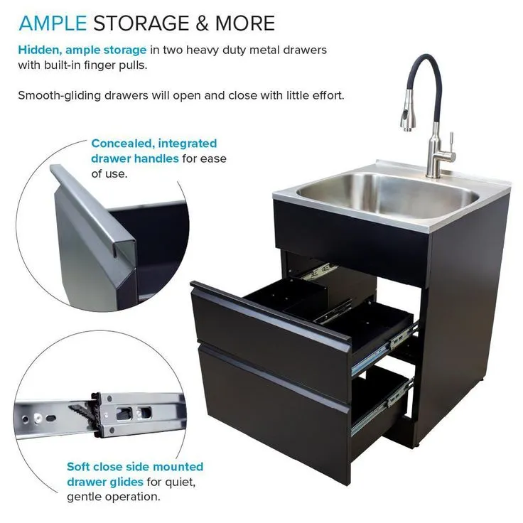 All-in-One 22 in. x 22 in. x 35 in. Metal Drop-In Laundry/Utility Sink and Cabinet in Black, photo 3 of 12