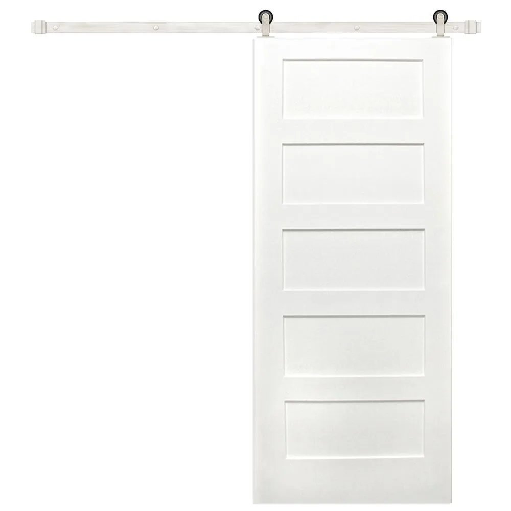 Pacific Entries 30 in. x 80 in. 5-Panel Unfinished Prime Solid Pine Wood Interior Sliding Barn Door with Oil Rubbed Bronze Hardware Kit, photo 5 of 5