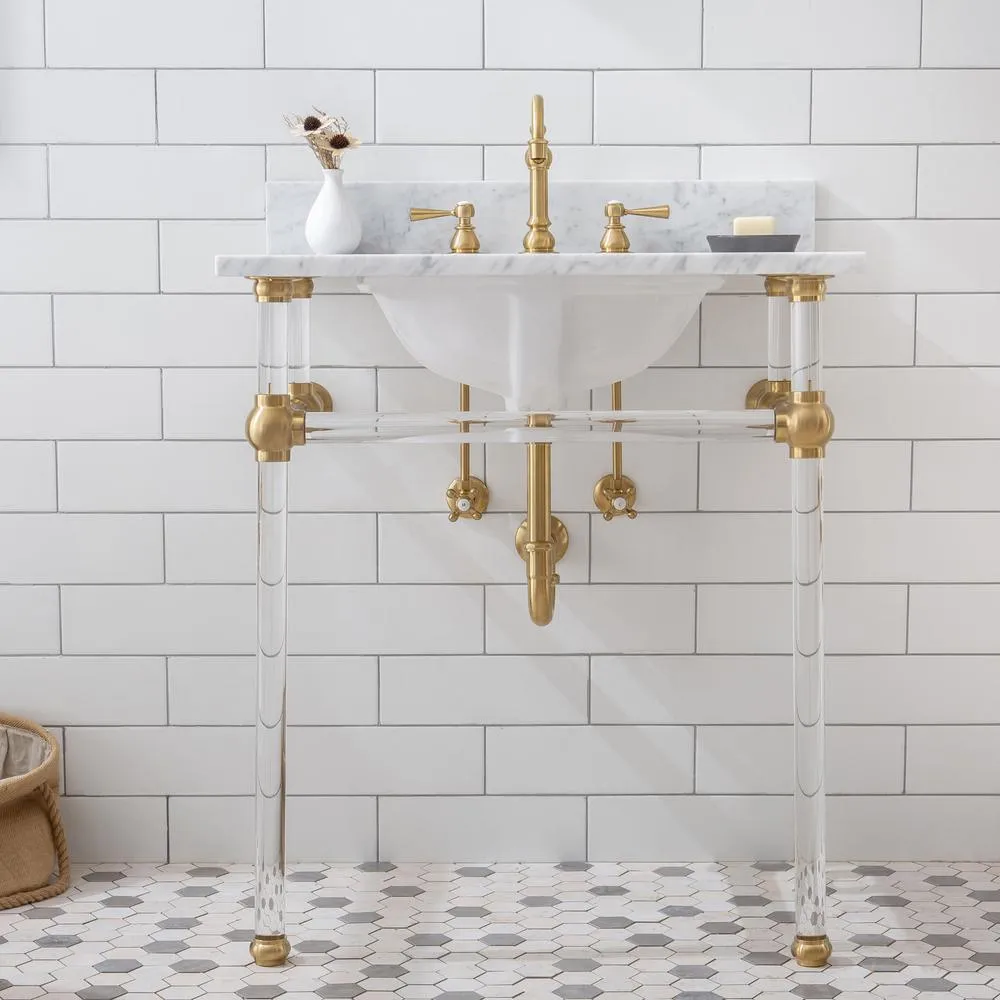 Water Creation Empire 30 in. Acrylic Wash Stand with Satin Brass P-Trap Kit, Faucet, Marble Counter Top, and White Basin, photo 5 of 8