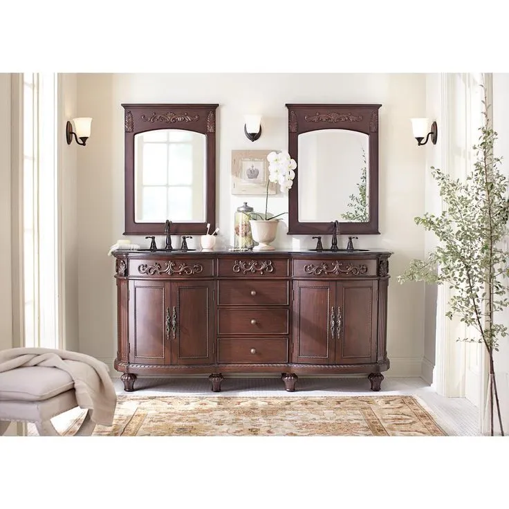 22 in. W x 32 in. H Framed Rectangular Bathroom Vanity Mirror in Antique Cherry, photo 4 of 5