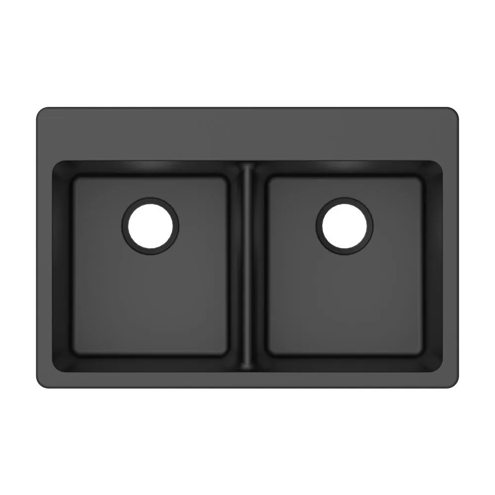 Winpro Dual Mount Granite Composite 33 in. L x 22 in. L x 9.5 in. 0-5 Faucet Holes Double Equal Bowl Kitchen Sink in Black, photo 2 of 5