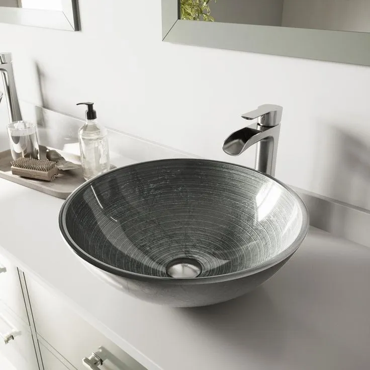 VIGO Glass Vessel Bathroom Sink in Simply Silver and Niko Faucet Set in Brushed Nickel, photo 10 of 11