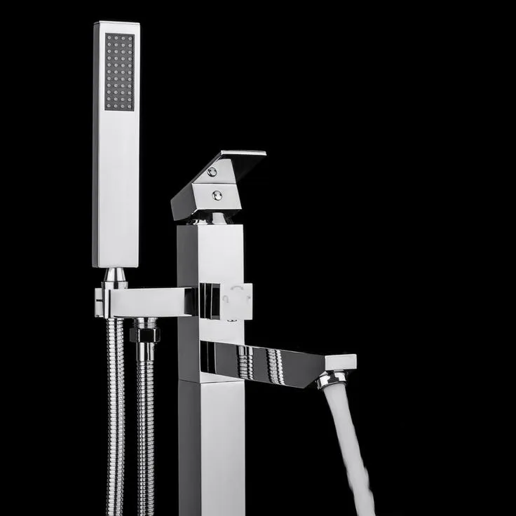 1-Handle Freestanding Floor Mount Roman Tub Faucet Bathtub Filler with Hand Shower in Chrome, photo 6 of 8
