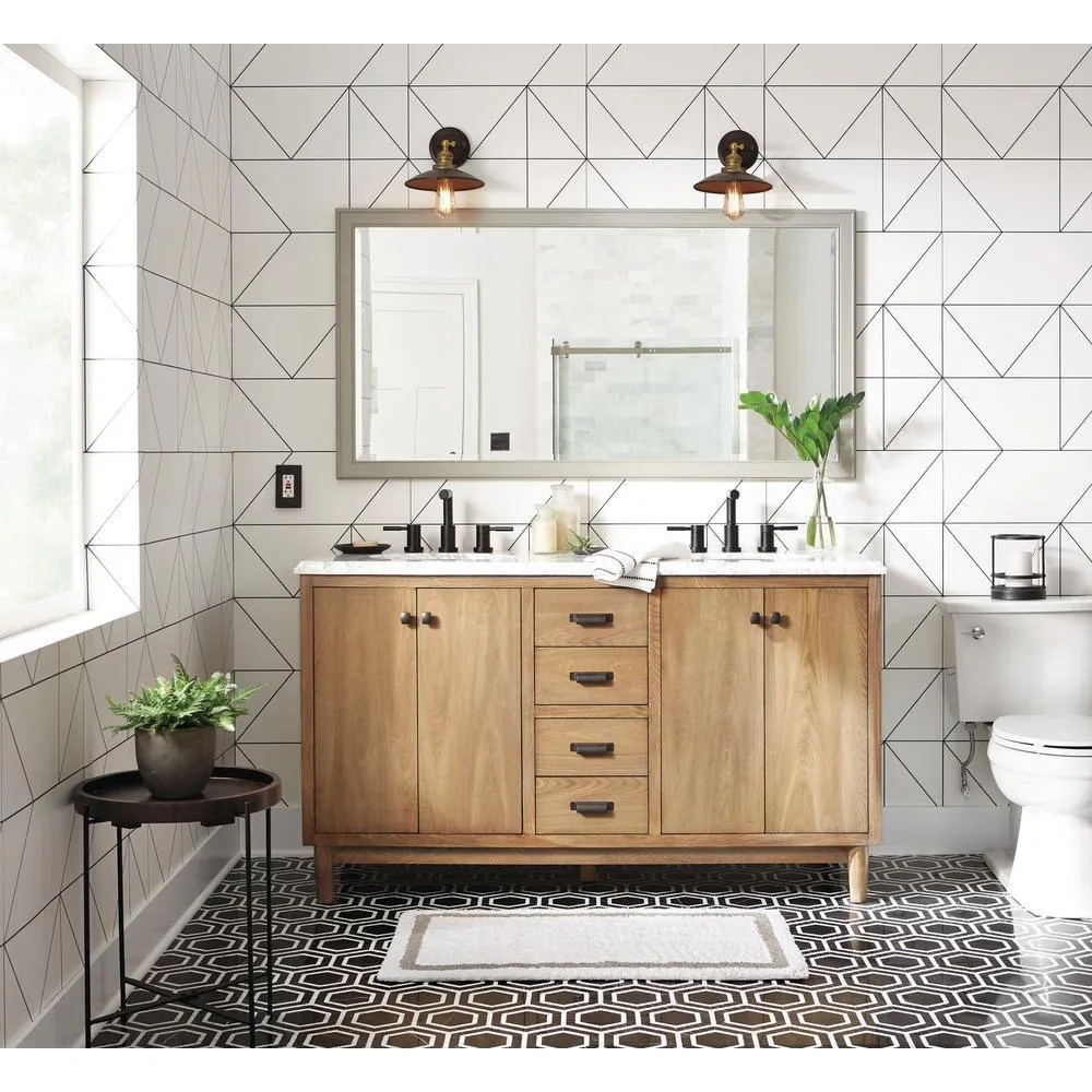 Brisbane 61 in. W x 22 in. D Double Bath Vanity in Weathered Grey Oak with Natural Marble Vanity Top in White, photo 11 of 11