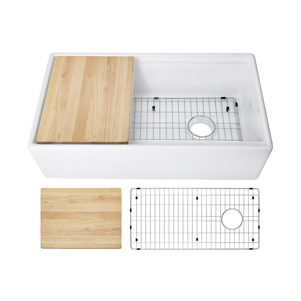 Fireclay 33 in. Single Bowl Farmhouse Apron Front Reversible Kitchen Sink in White with Cutting Board and Grid, photo 15 of 16