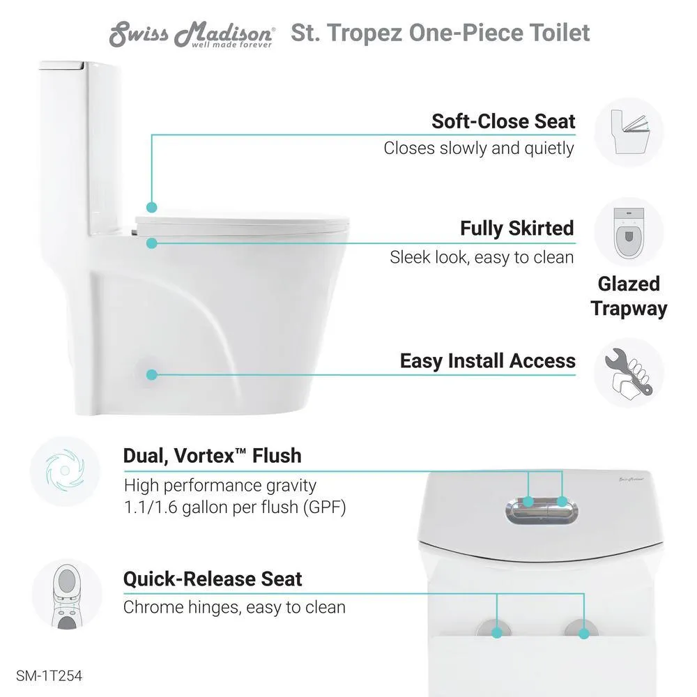 Swiss Madison St. Tropez 1-Piece 0.8/1.28 GPF Dual Flush Elongated Toilet in White, photo 9 of 13