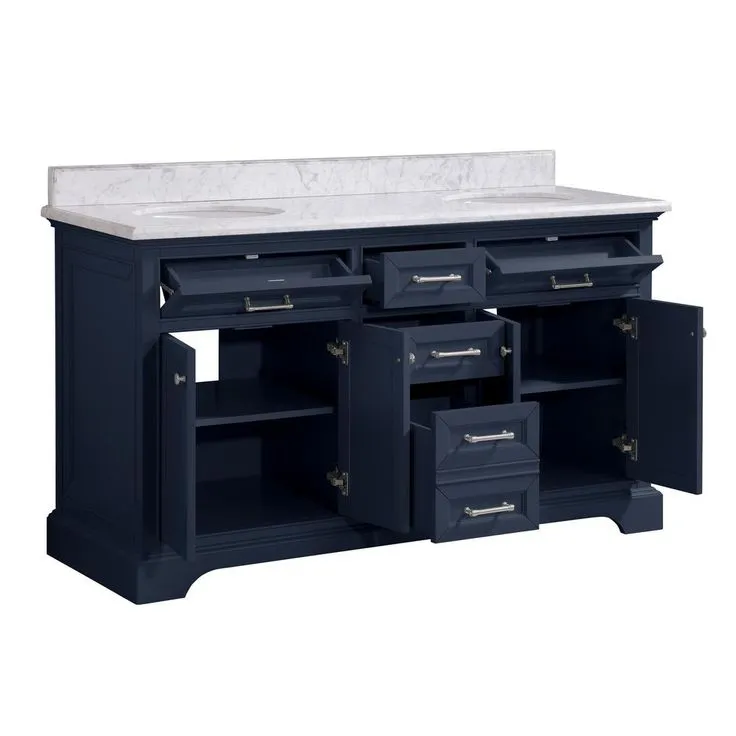Windlowe 61 in. W x 22 in. D x 35 in. H Bath Vanity in Navy Blue with Carrara Marble Vanity Top in White with White Sink, photo 3 of 9