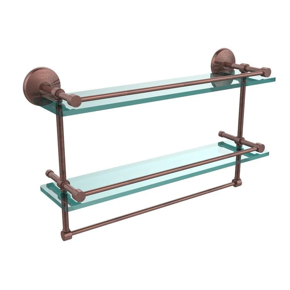Allied Brass 22 in. L x 12 in. H x 5 in. W 2-Tier Clear Glass Bathroom Shelf with Towel Bar in Satin Nickel, photo 3 of 13