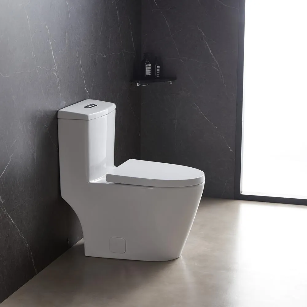 HOROW 1-Piece Dual Flush 1.2 GPF/0.8 GPF Elongated High Efficiency Skirted Toilet All-in-One Toilet in White Seat Included, photo 5 of 9