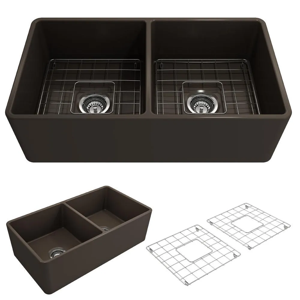 Classico Farmhouse Apron Front Fireclay 33 in. Double Bowl Kitchen Sink with Bottom Grid and Strainer in White, photo 11 of 15