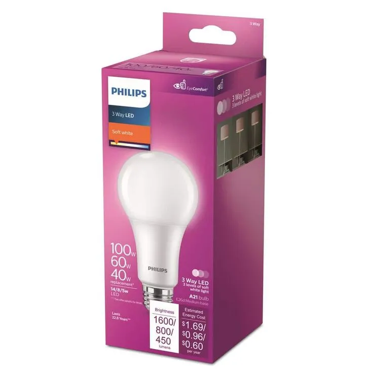 Philips 40-Watt/60-Watt/100-Watt Equivalent A21 Energy Saving 3 Way LED Light Bulb Soft White (2700K), photo 2 of 8