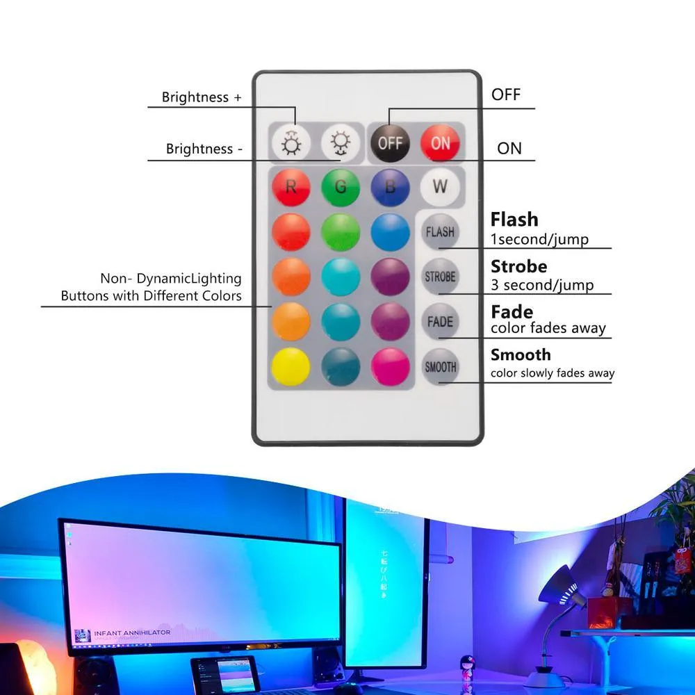 20 in. (50 cm) 8-Watt Equivalence Color Ambiance LED USB Light Strip with 24 Keys Wireless Remote (4 Strip Pack), photo 3 of 7