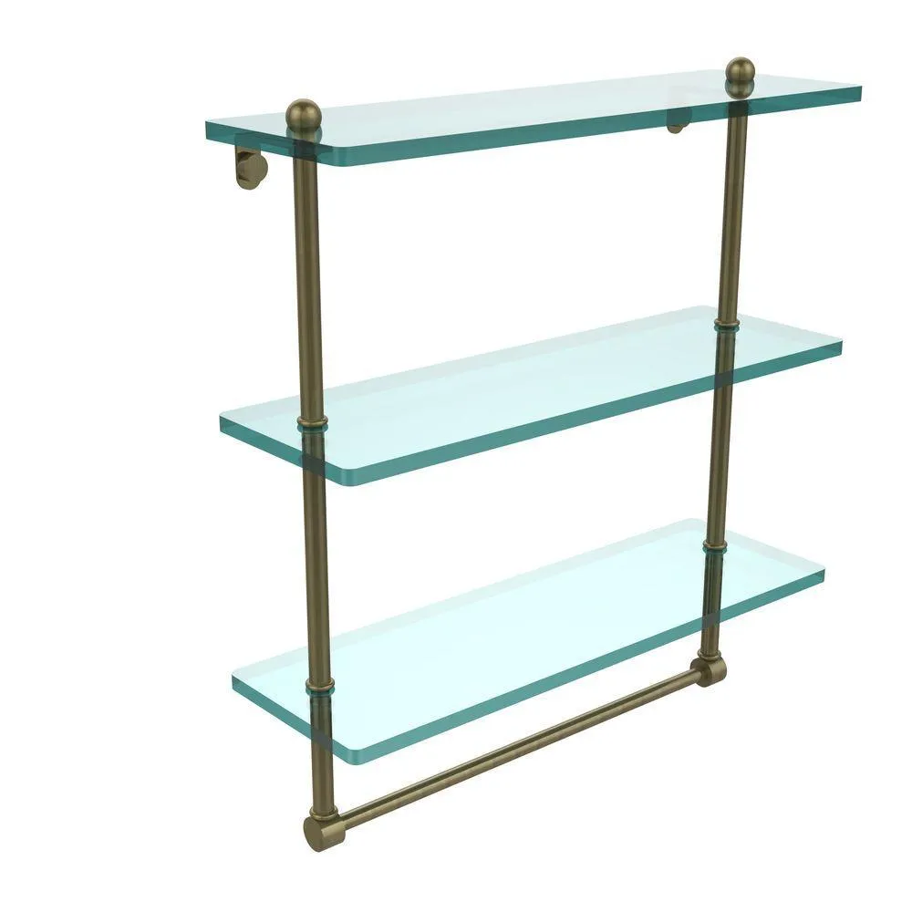 Allied Brass 16 in. L x 18 in. H x 5 in. W 3-Tier Clear Glass Bathroom Shelf with Towel Bar in Satin Nickel, photo 11 of 14