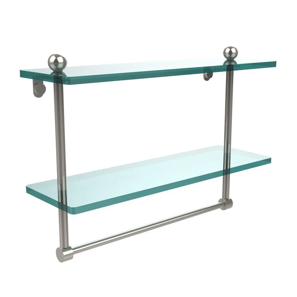 Allied Brass 16 in. L x 12 in. H x 5 in. W 2-Tier Clear Glass Bathroom Shelf with Towel Bar in Satin Nickel, photo 11 of 14
