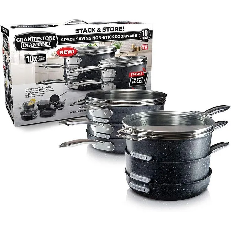10-Piece Aluminum StackMaster Non-Stick Diamond Infused Cookware Set with Glass Lids, photo 3 of 4