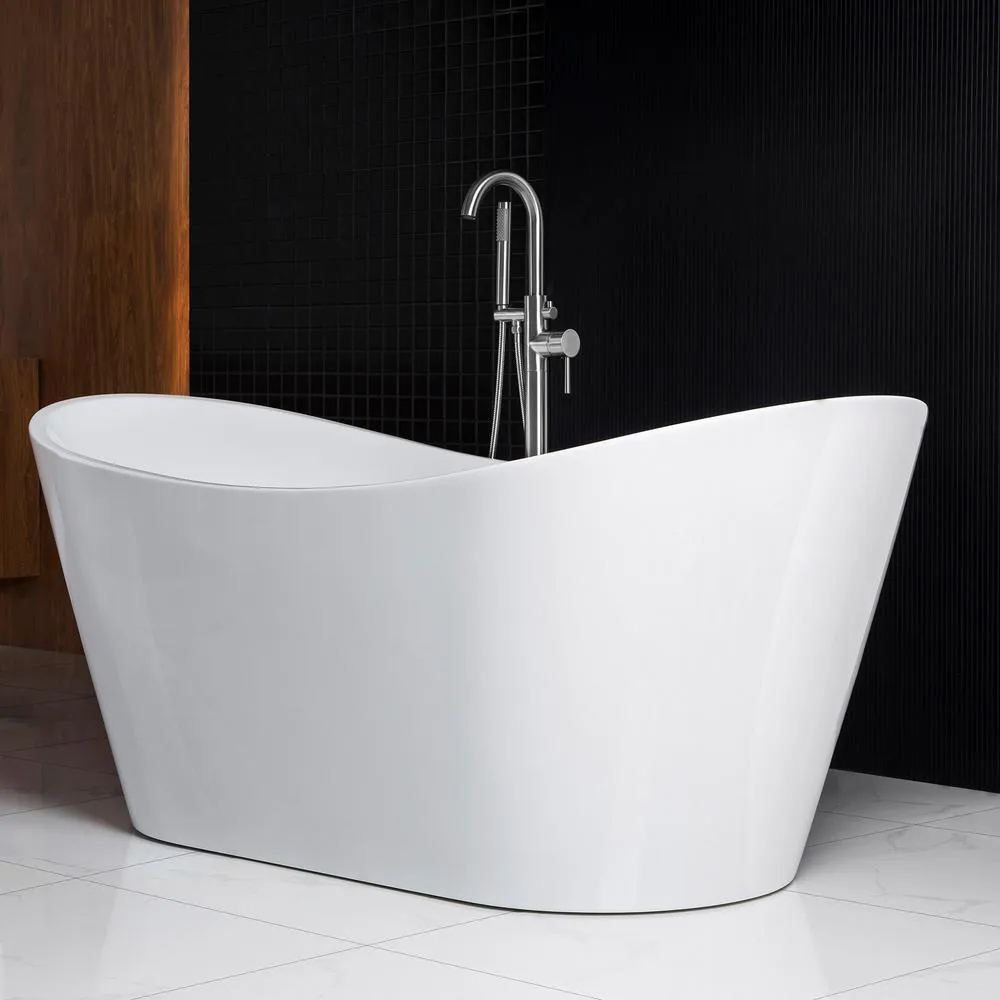 WOODBRIDGE Salou 71 in. Acrylic Freestanding Double Slipper Flat Bottom Bathtub with Chrome Drain and Overflow Included in White, photo 5 of 9