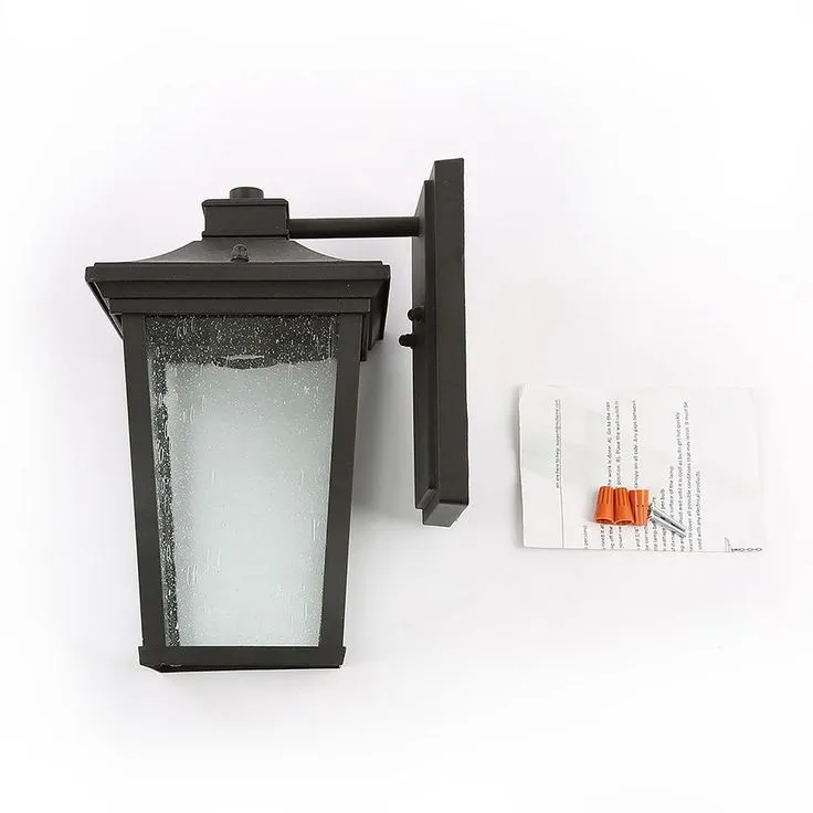 1-Light Black 11 in. H Square Patio LED Decorative Outdoor Metal Caged Wall Lantern Seeded Glass Sconce, photo 6 of 15