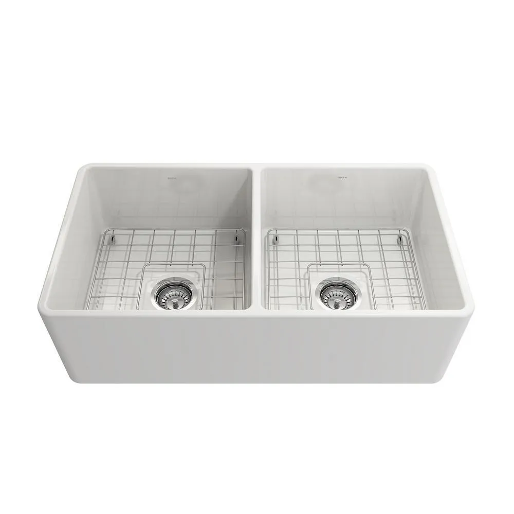 Classico Farmhouse Apron Front Fireclay 33 in. Double Bowl Kitchen Sink with Bottom Grid and Strainer in White, photo 6 of 15