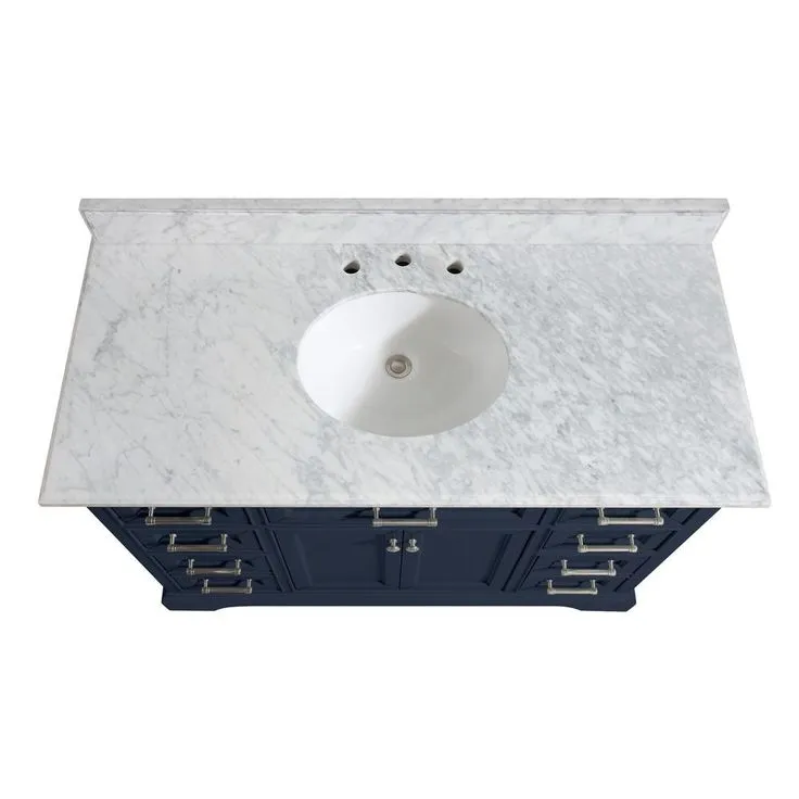 Windlowe 49 in. W x 22 in. D x 35 in. H Bath Vanity in Navy Blue with Carrara Marble Vanity Top in White with White Sink, photo 4 of 17