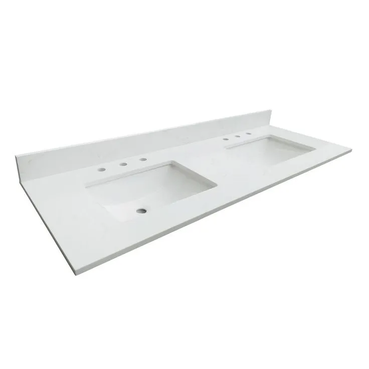 73 in. W x 22 in. D x 0.75 in. H Quartz Vanity Top in Carrara White with White Basins, photo 4 of 5