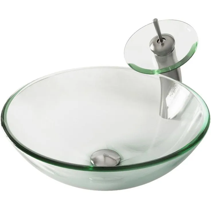 VIGO Glass Vessel Bathroom Sink in Clear Crystalline Glass with Waterfall Faucet Set in Brushed Nickel, photo 8 of 11
