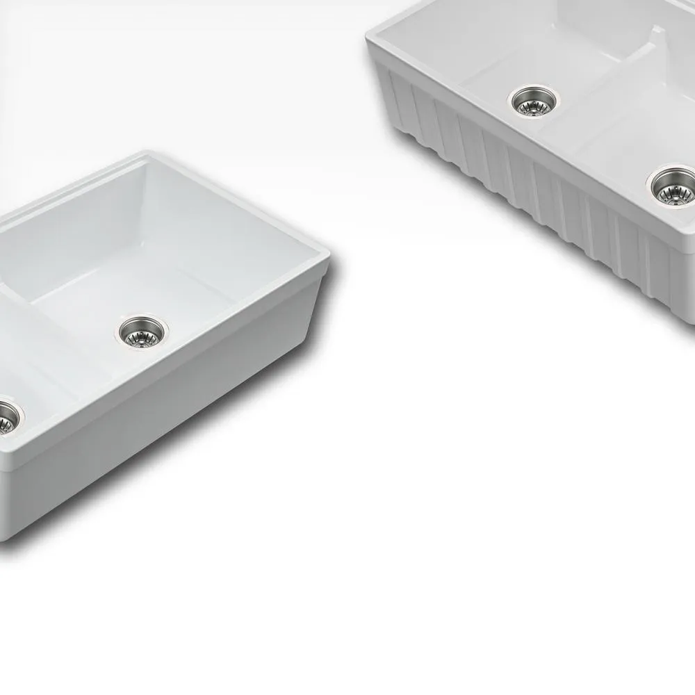 Yorkshire Farmhouse Fireclay 33 in. 55/45 Double Bowl Kitchen Sink with Cutting-Board, Grid and Strainer in White, photo 4 of 8