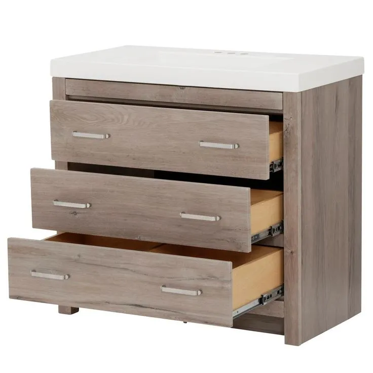 Woodbrook 37 in. W Bathroom Vanity in White Washed Oak with Cultured Marble Vanity Top in White with White Sink, photo 4 of 11