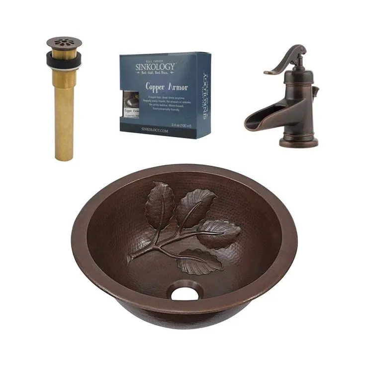 SINKOLOGY Newton All-In-One 14 in. Dual Mount Copper Bathroom Sink with Pfister Centerset Rustic Bronze Faucet and Drain, photo 3 of 9