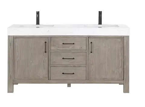 León 60 in wide · 22 in deep · 34 in high Double Sink Bath Vanity in Fir Wood Grey with White Composite Stone Top