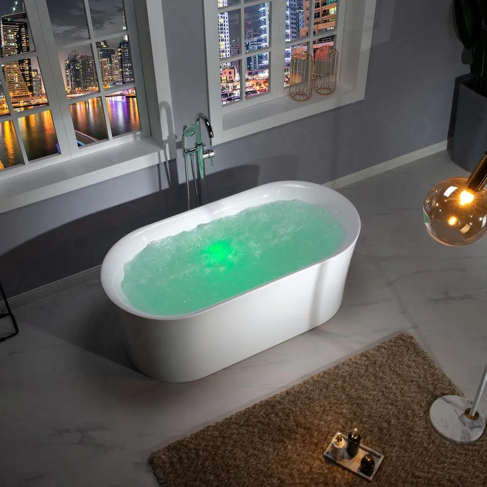 WOODBRIDGE Tion 59 in. Acrylic Freestanding Double-Ended Air Bath Bathtub with Chrome Drain and Overflow, White, photo 4 of 18