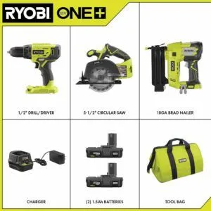 RYOBI 18-Volt ONE+ Lithium-Ion Cordless 2-Tool Combo Kit with Drill/Driver, Circular Saw, AirStrike 18-Gauge Brad Nailer, photo 3 of 5