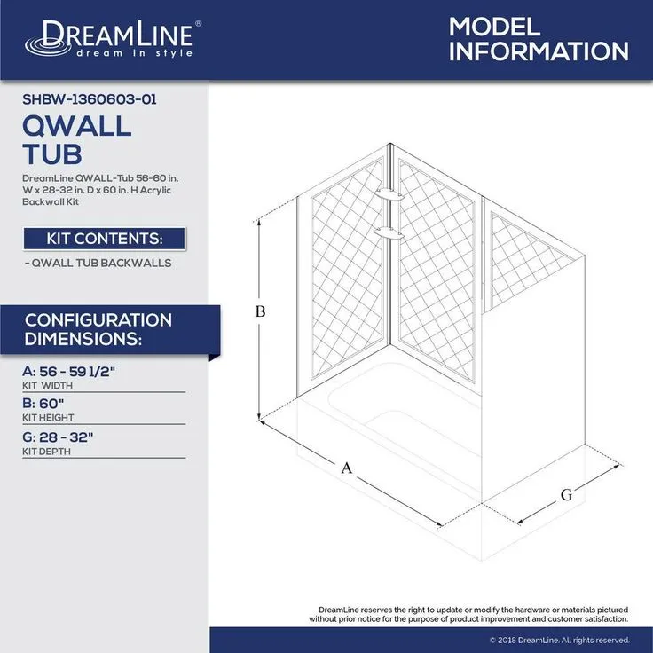 DreamLine QWALL-Tub 28-32 in. D x 56-60 in. W x 60 in. H 4-Piece Easy Up Adhesive Tub Surround, White, photo 4 of 4