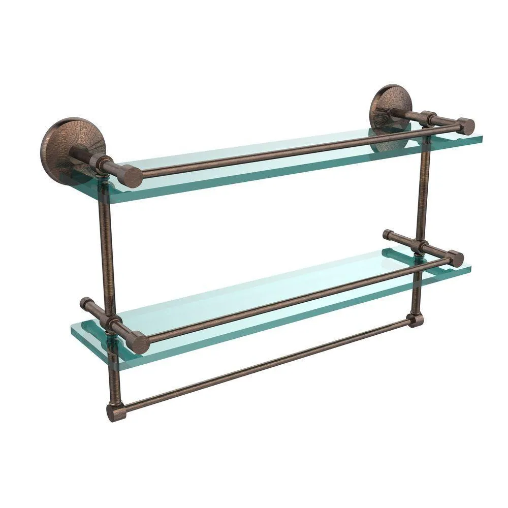 Allied Brass 22 in. L x 12 in. H x 5 in. W 2-Tier Clear Glass Bathroom Shelf with Towel Bar in Satin Nickel, photo 2 of 13