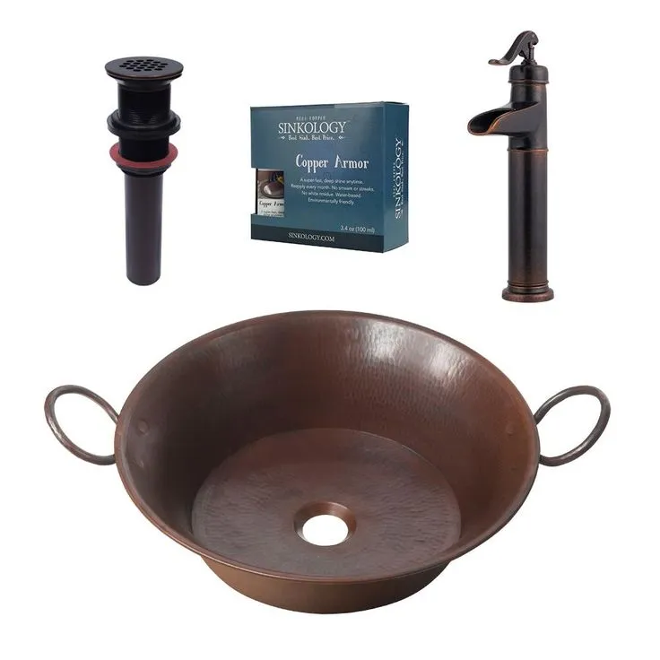 SINKOLOGY Copernicus All-In-One 21 in. Copper Bathroom Vessel Sink with Pfister Ashfield Bronze Faucet and Drain, photo 2 of 7