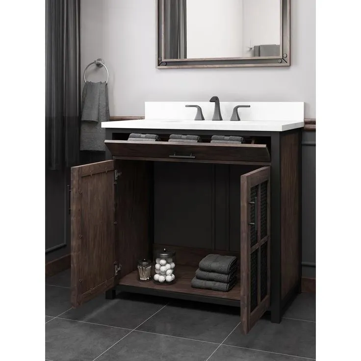 Drysdale 36 in. Wx 34.5 in. H Bath Vanity in Sable with Engineered Stone Vanity Top in Lgt Vein Carrera with White Basin, photo 5 of 10