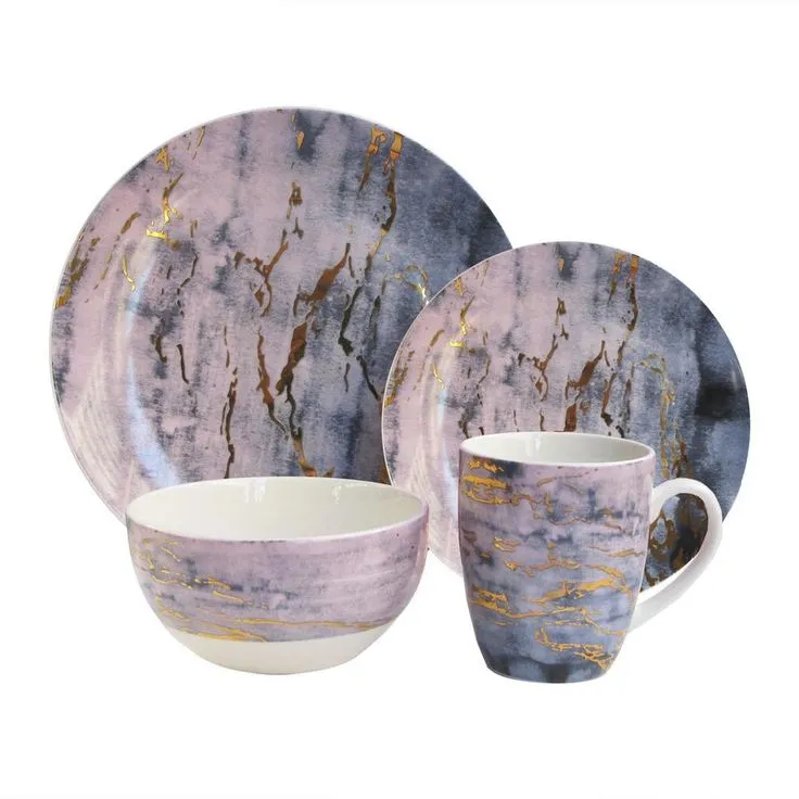 16-Piece Casual Purple and Gold Ceramic Dinnerware Set (Service for 4), photo 2 of 5