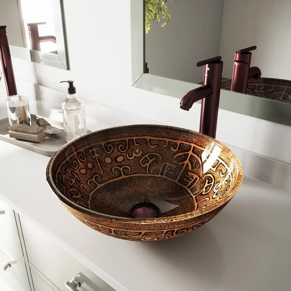 Glass Vessel Bathroom Sink in Gray Onyx and Seville Faucet Set in Matte Black, photo 22 of 27