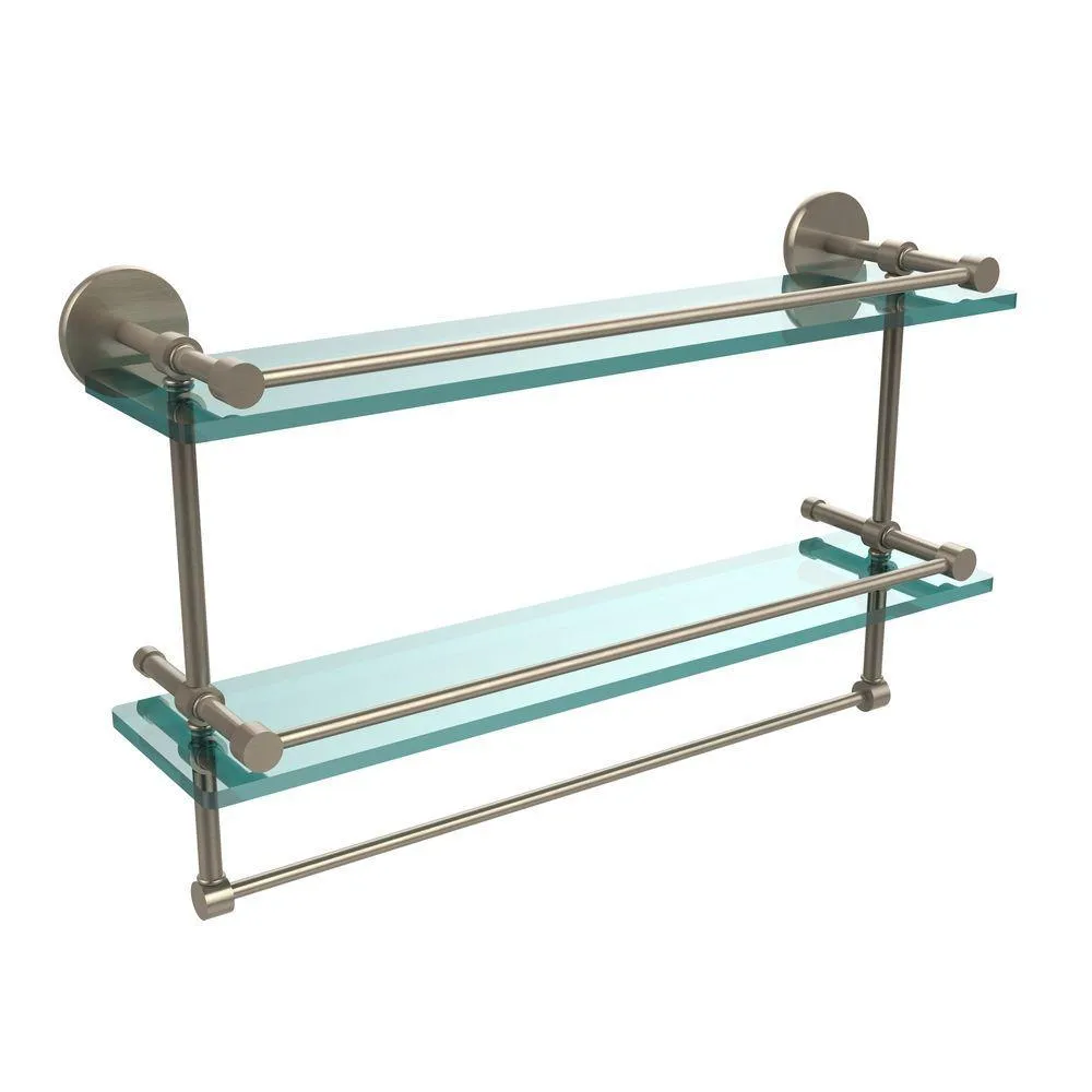Allied Brass 22 in. L x 12 in. H x 5 in. W 2-Tier Clear Glass Bathroom Shelf with Towel Bar in Polished Chrome, photo 6 of 15