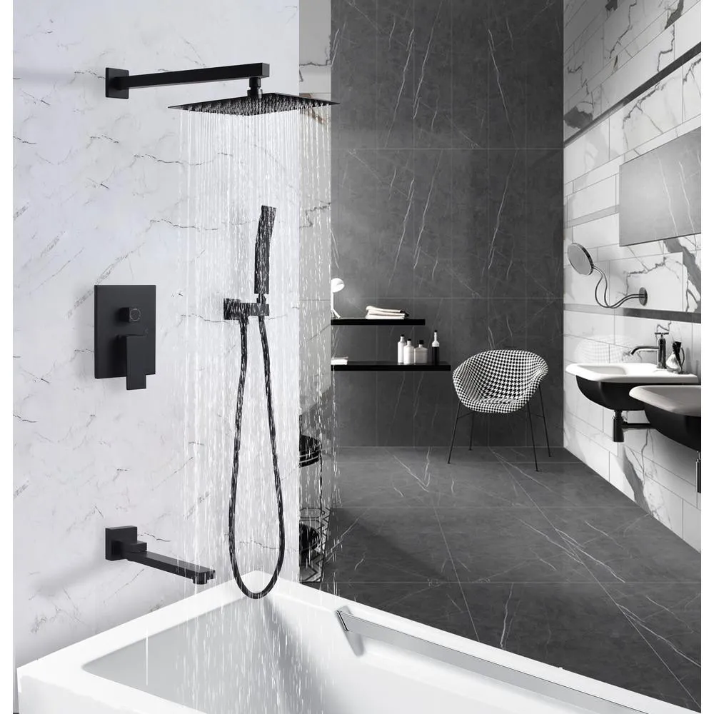 1-Spray Patterns with 2.5 GPM 10 in. 3-Way Wall Mount Rain Dual Shower Heads with Tub Shower Faucet in Matte Black, photo 8 of 8