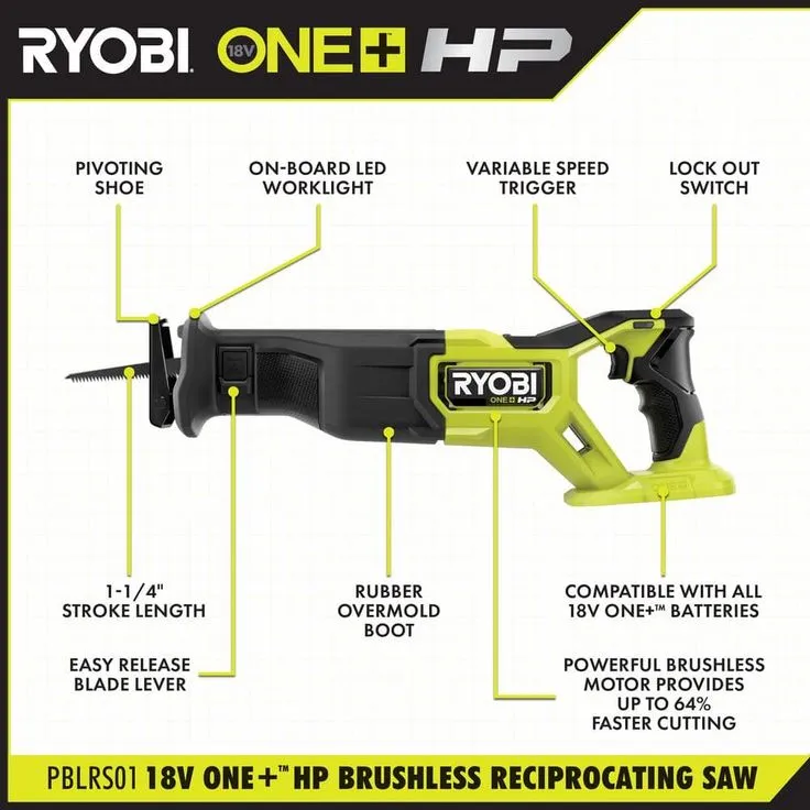 RYOBI 18V ONE+ Lithium-Ion Brushless Cordless Reciprocating Saw Kit with 4.0 Ah LITHIUM+ HP Battery and Charger, photo 2 of 8