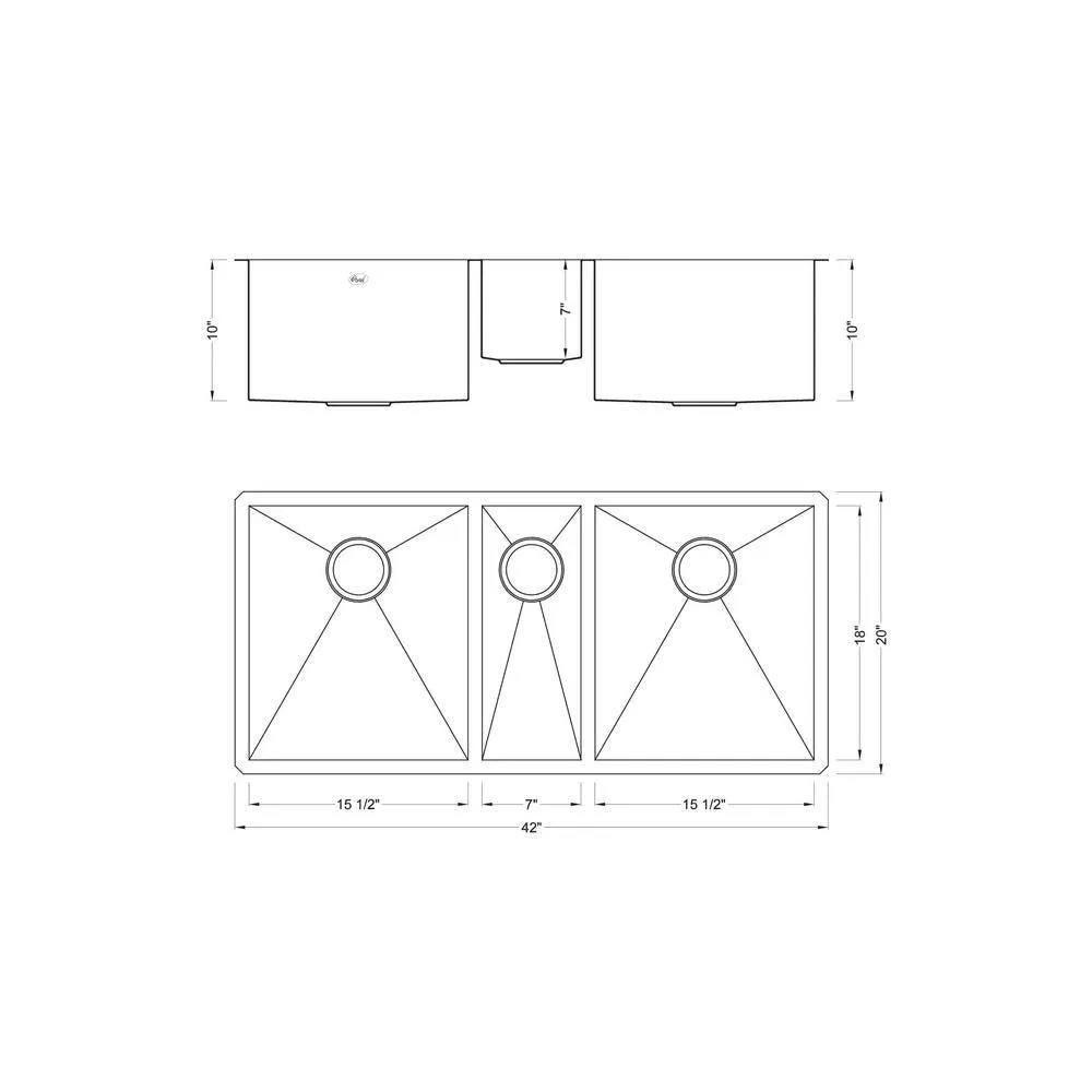 Undermount Stainless Steel 42 in. x 20 in. x 10 in. Deep 16-Gauge Triple Bowl 40/20/40 Zero Radius Kitchen Sink, photo 6 of 6
