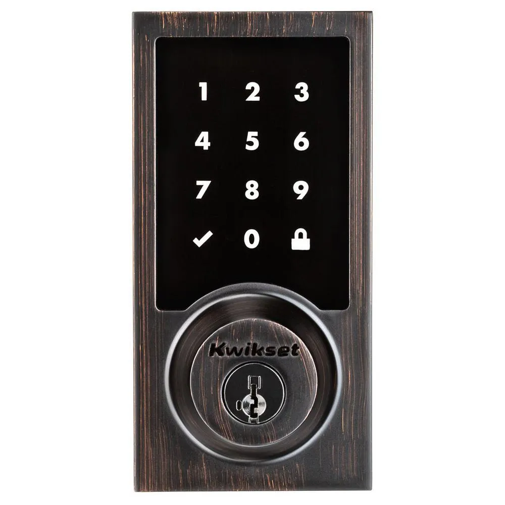 Kwikset SmartCode 915 Contemporary Venetian Bronze Electronic Deadbolt with San Clemente Handle Set and Halifax Interior Lever, photo 5 of 11