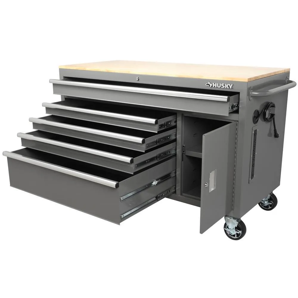 56 in. W x 24.5 in. D 5-Drawer 1-Door Tool Chest Mobile Workbench with Solid Wood Top in Matte Gray, photo 7 of 20