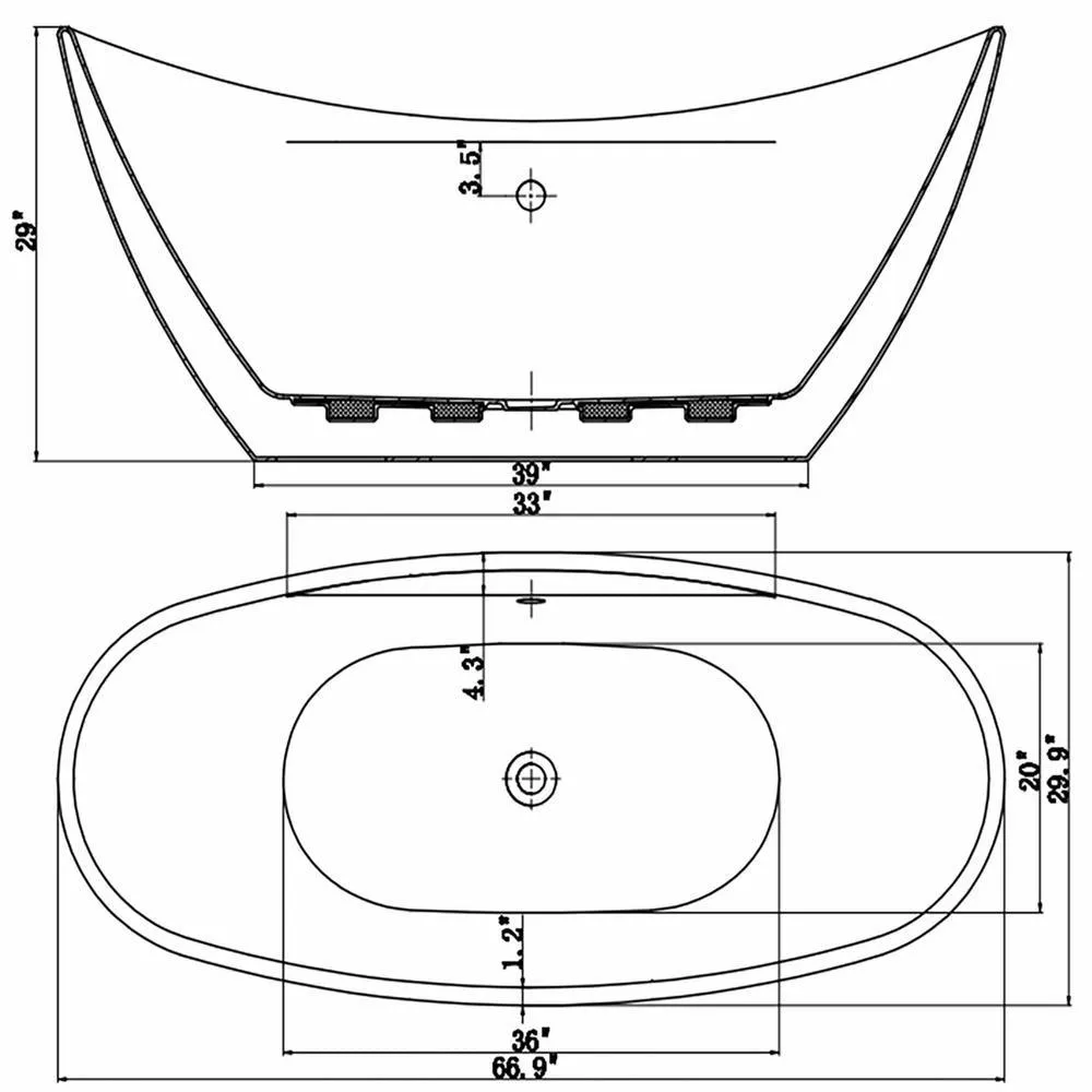 66.96 in. Acrylic Center Drain Oval Double Slipper Flatbottom Freestanding Bathtub in White, photo 8 of 9
