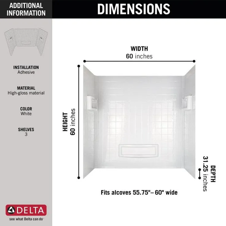 Delta Distinction 60 in. W x 60 in. H Three Piece Glue Up Tub Surrounds in High Gloss White, photo 8 of 8