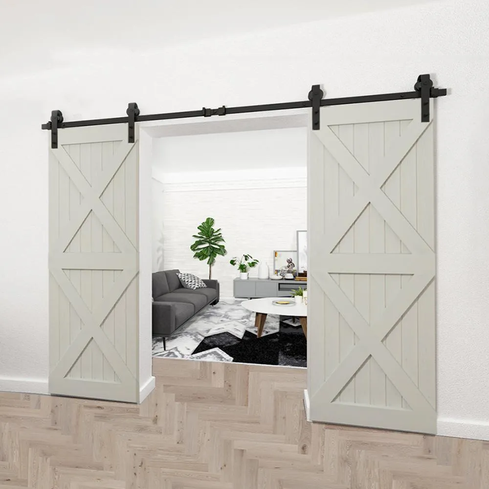 10 ft./120 in. Black Steel Sliding Barn Door Track and Hardware Kit for Double Doors with Floor Guide (J-Shape Hanger), photo 6 of 6