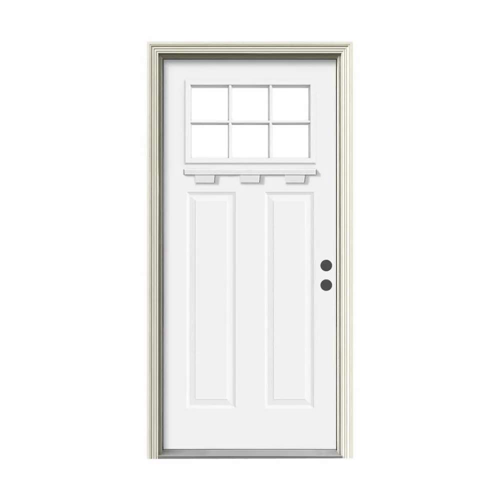 JELD-WEN 36 in. x 80 in. 6 Lite Craftsman Primed Steel Prehung Left-Hand Inswing Front Door w/Brickmould and Shelf", photo 11 of 16