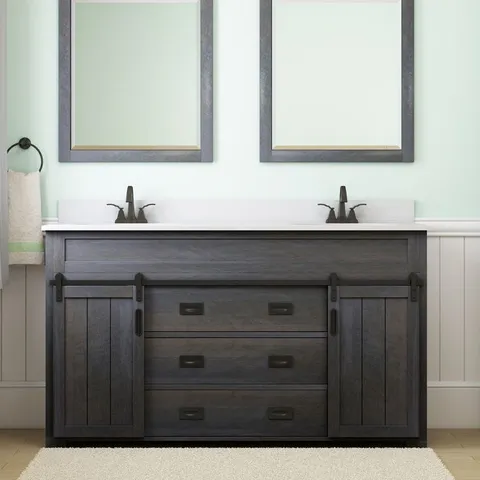 Morriston 60-in Distressed Java Double Sink Bathroom Vanity with White Engineered Stone Top