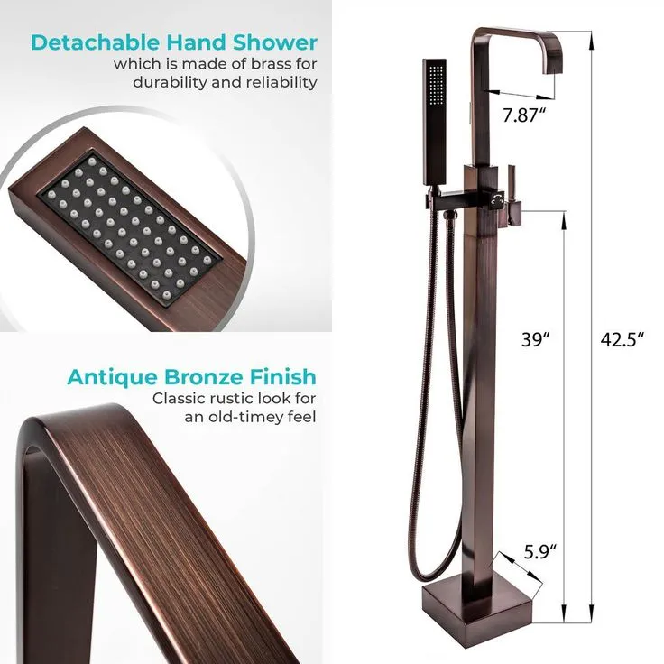1-Handle Freestanding Floor Mount Roman Tub Faucet Bathtub Filler with Hand Shower in Antique Bronze, photo 3 of 8