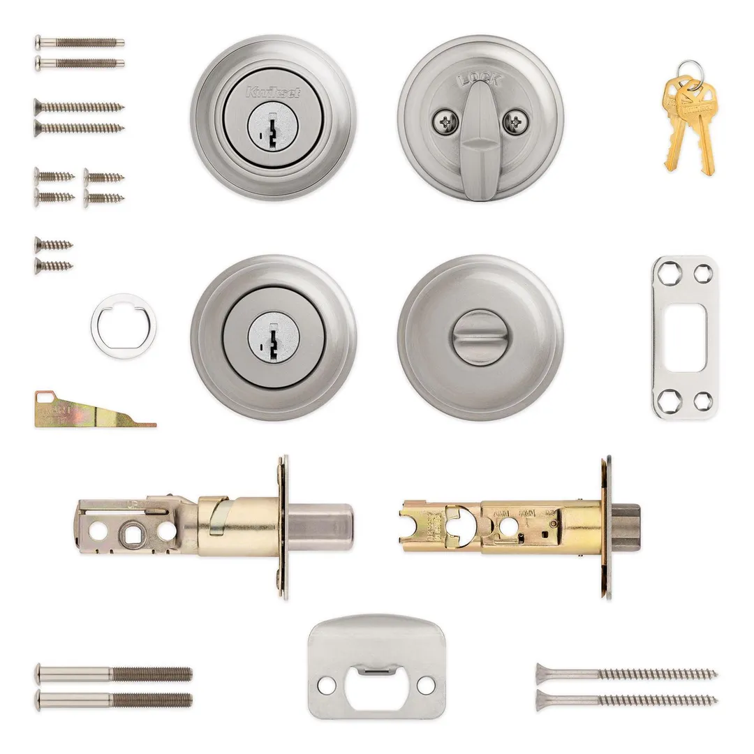 Kwikset SmartKey Juno Satin Nickel Knob and Single Cylinder Deadbolt, ANSI/BHMA Grade 2, KW1, 1-3/4 in., photo 6 of 8
